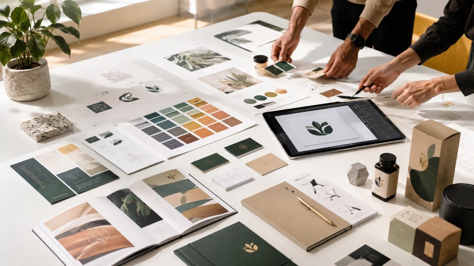 Brand identity materials and colour palettes
