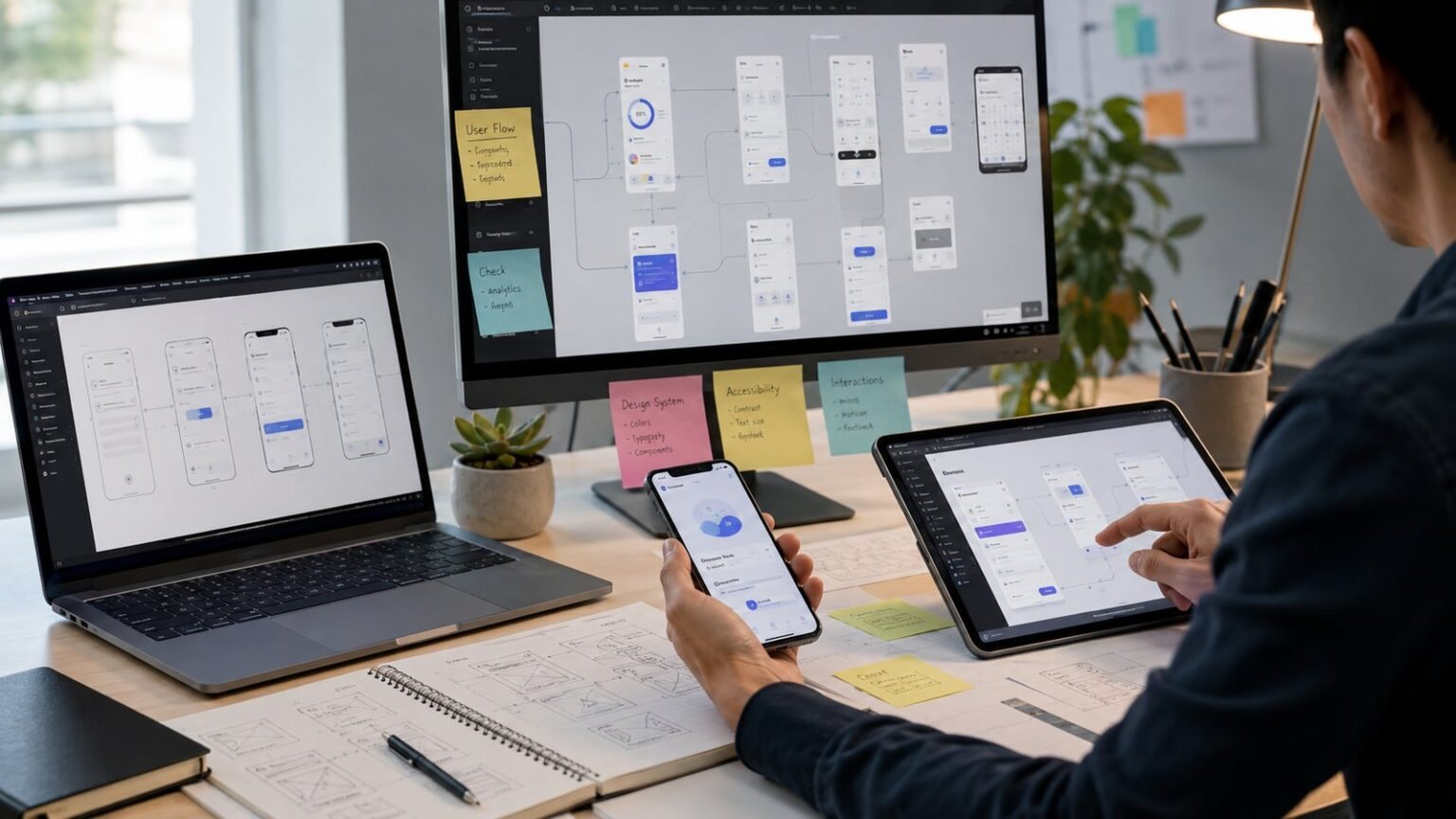 UI/UX wireframes on screens