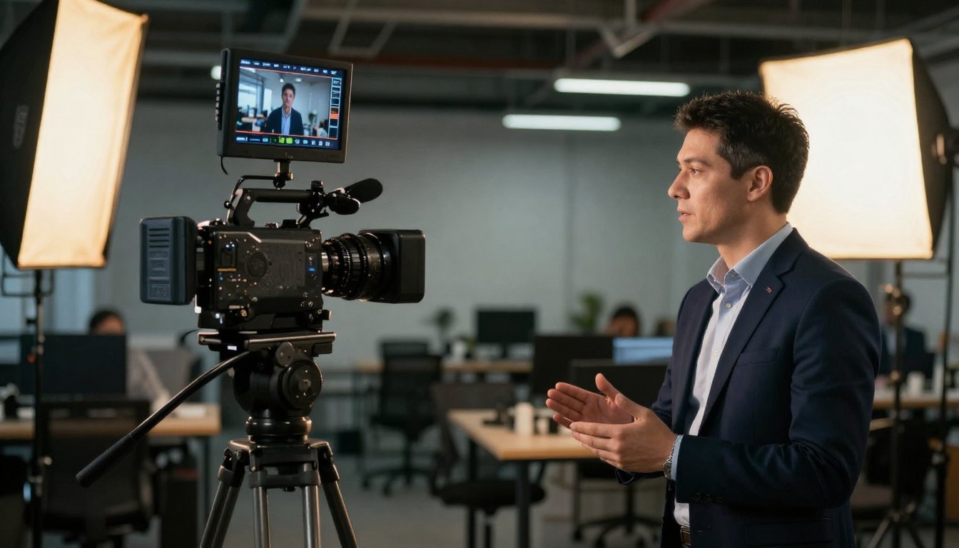 Cinema camera filming a corporate interview